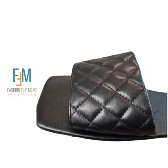 Quilted Leather Square Toe Flats Slip-On Slides Sandals - Picture 4 of 9